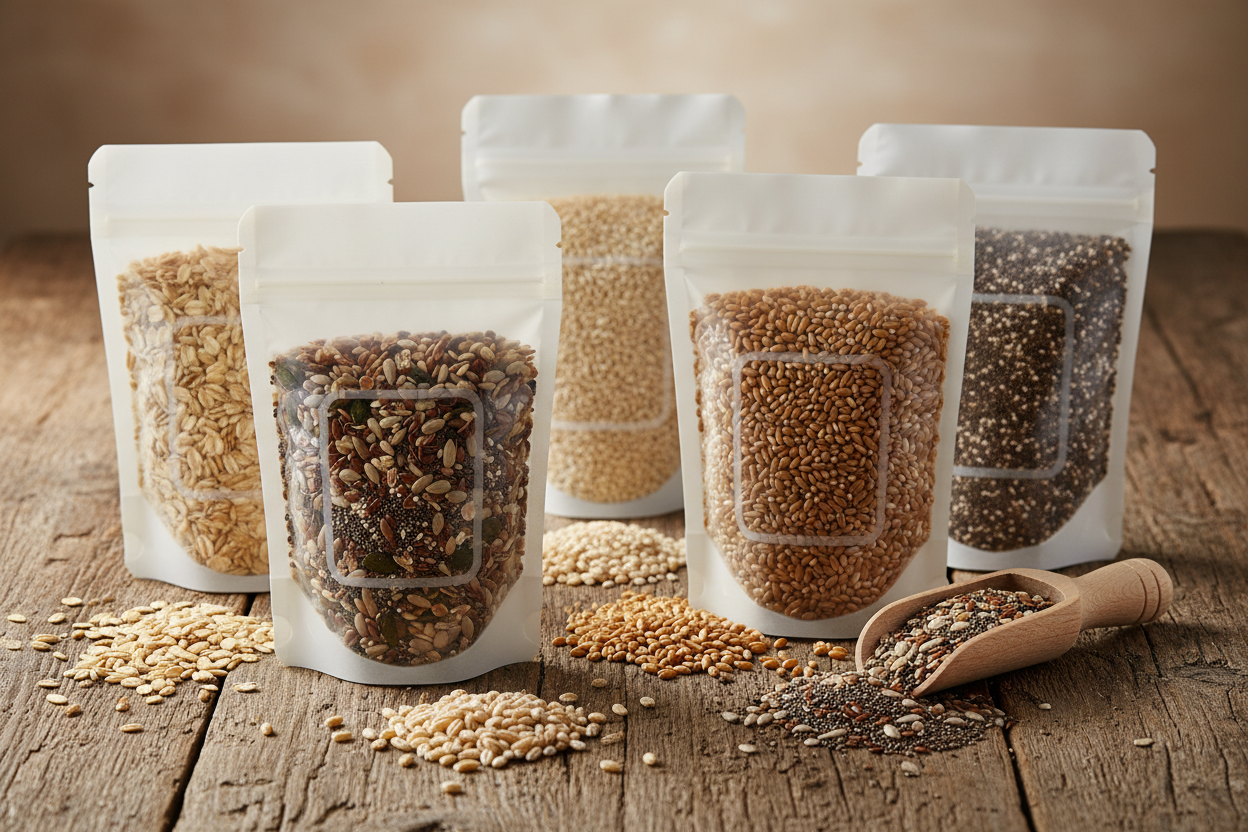 Premade pouch packaging machine filling doypack stand-up zipper pouches on a rotary filling line for food and granule products