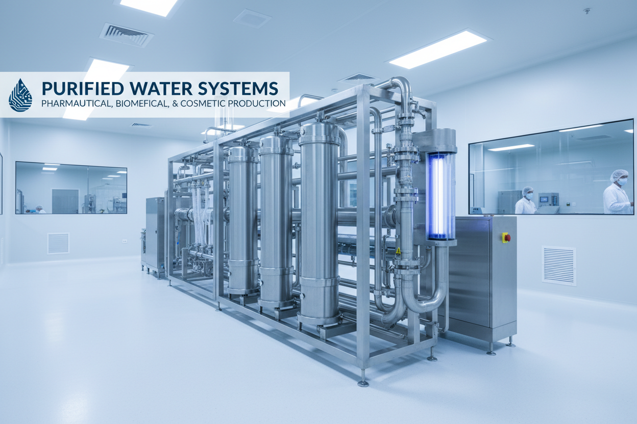 Purified water system with RO and EDI modules for pharmaceutical, biomedical, and cosmetic production