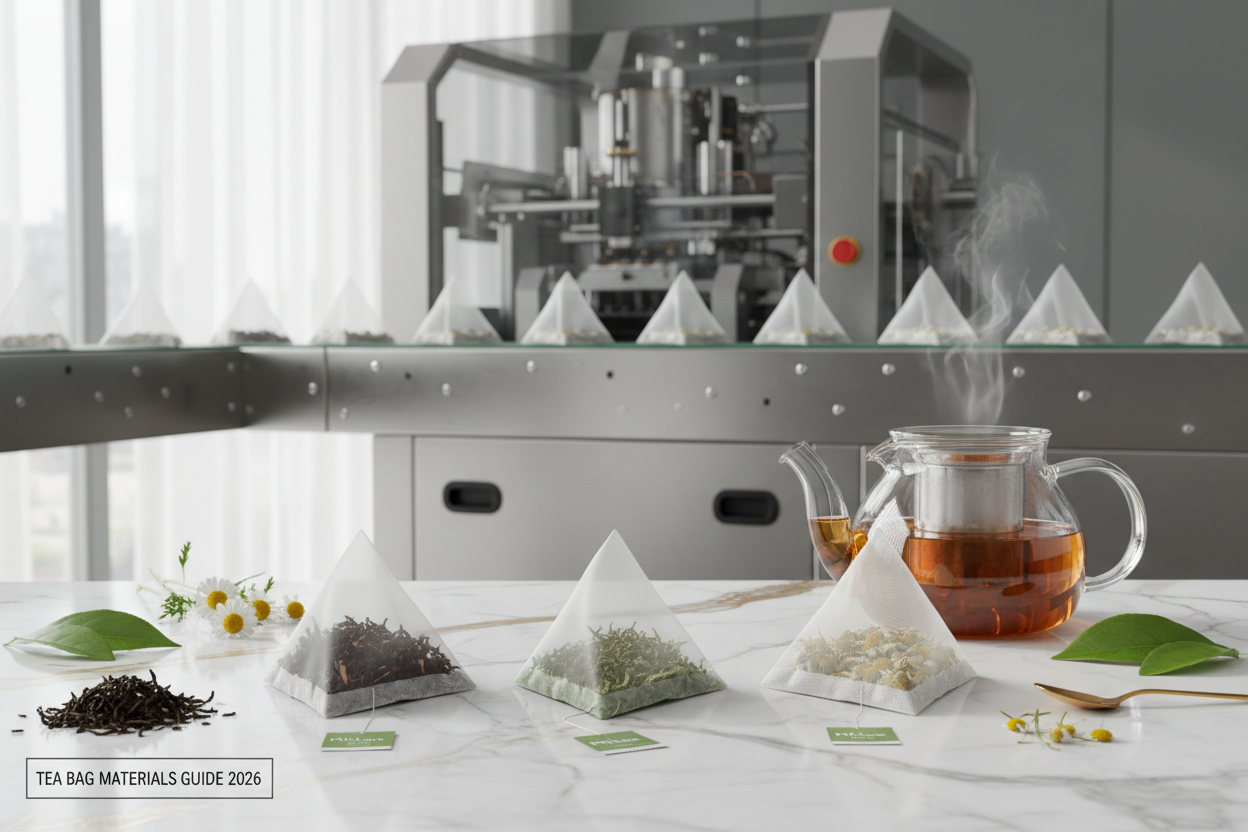 Comparison of pyramid tea bag materials — nylon mesh, PLA corn fiber, and non-woven fabric for tea packaging