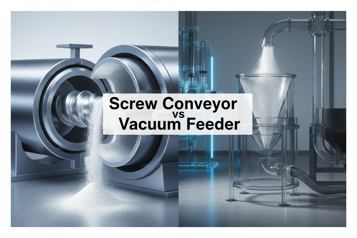 Side-by-side comparison of a screw conveyor and a vacuum feeder system for powder handling in a food packaging facility