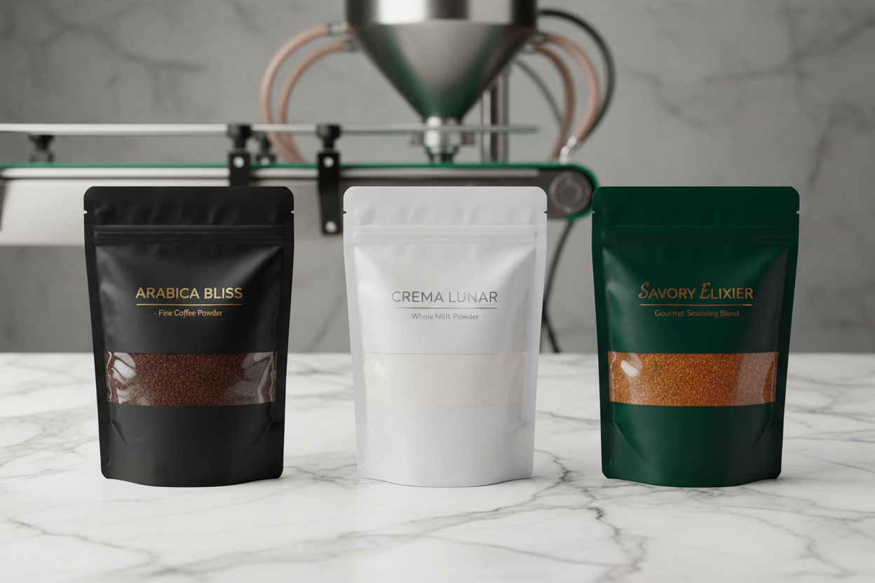 Premade pouch powder filling machine dispensing coffee powder and seasoning into sealed pouches with dust control