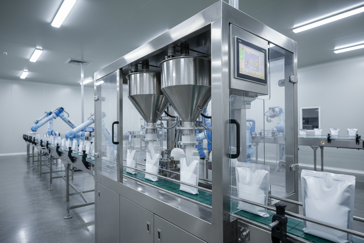 Dual-head powder filling machine filling bottles and cans with milk powder, protein powder, and pharmaceutical powder on an automated packaging line