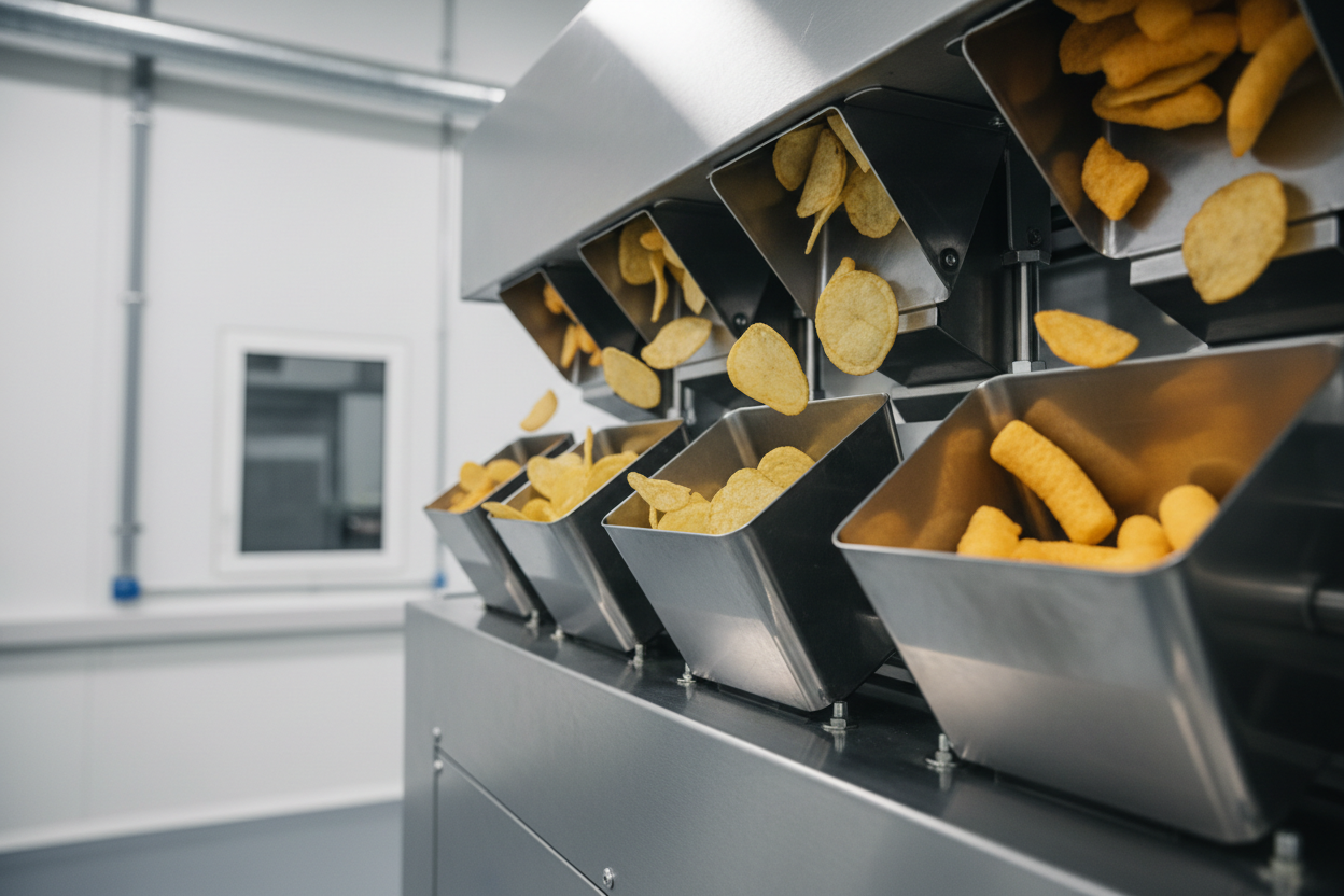 Anti-crush multihead weigher gently handling fragile cookies, dried fruit, and nuts on a snack food packaging line to reduce breakage