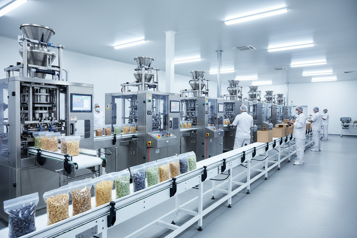 Automated food packaging line with VFFS machine, checkweigher, and powder filling equipment in a modern factory