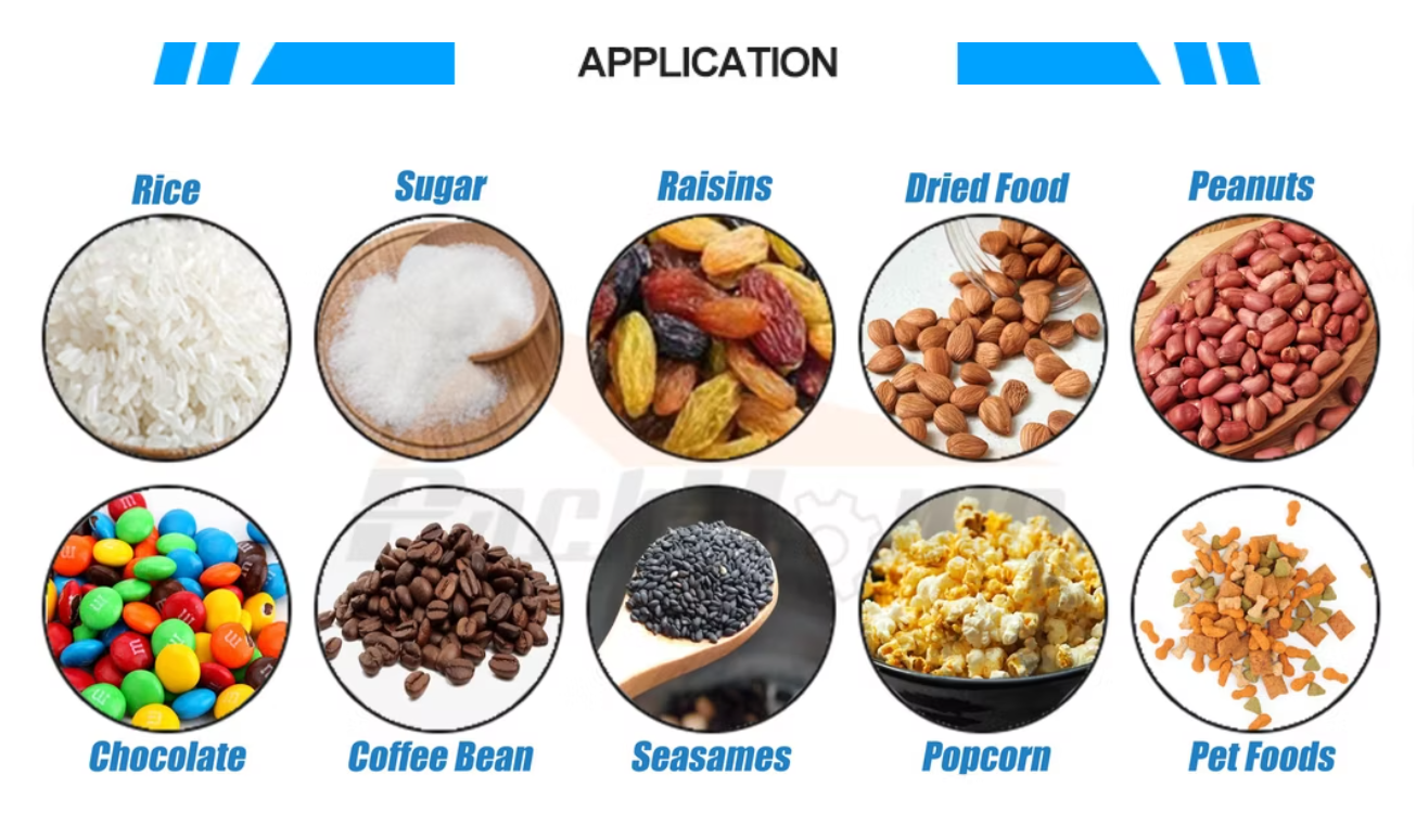 Linear Positioning Filling Machine Applicable materials, rice, sugar, raisins, coffee bean, etc.