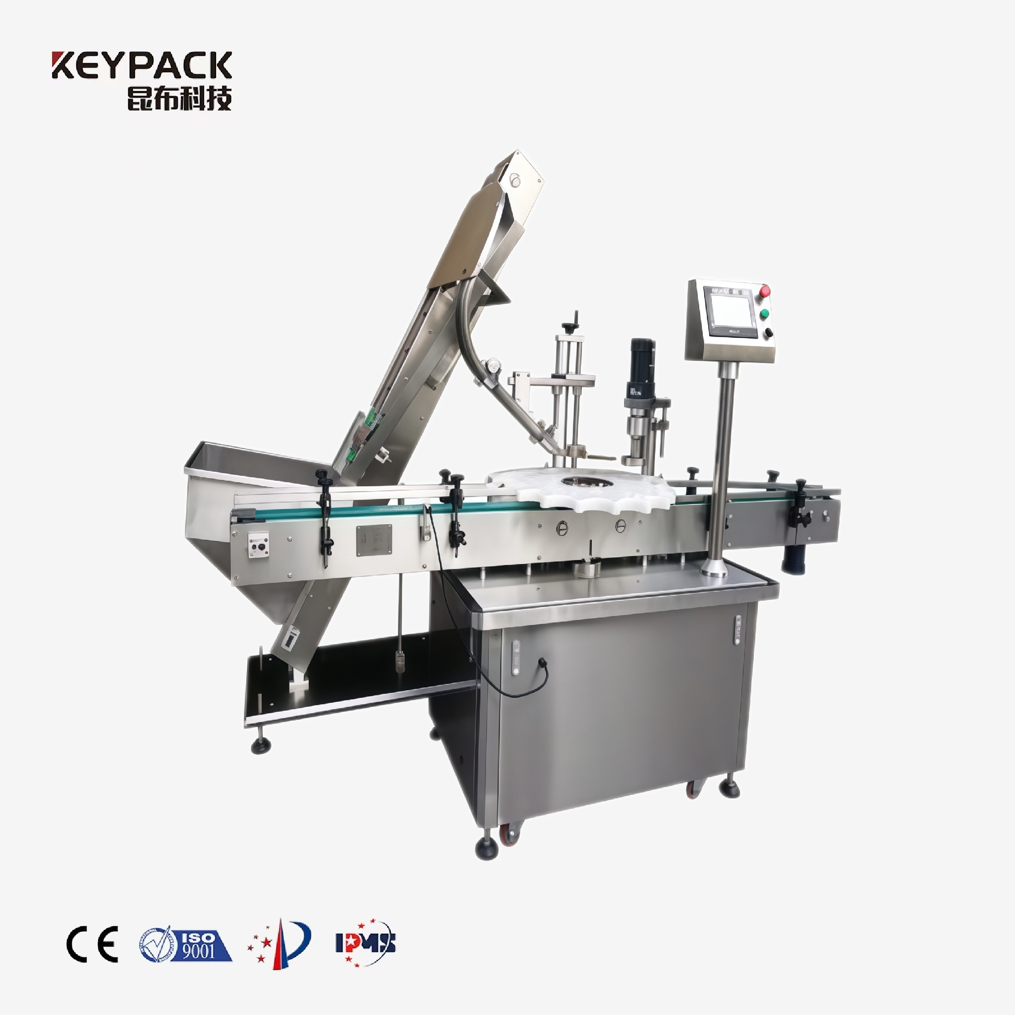 Turntable automatic capping machine with turntable carousel system, automatic cap feeder, and touchscreen control panel in 304# stainless steel construction for pharmaceutical and food bottle sealing applications.