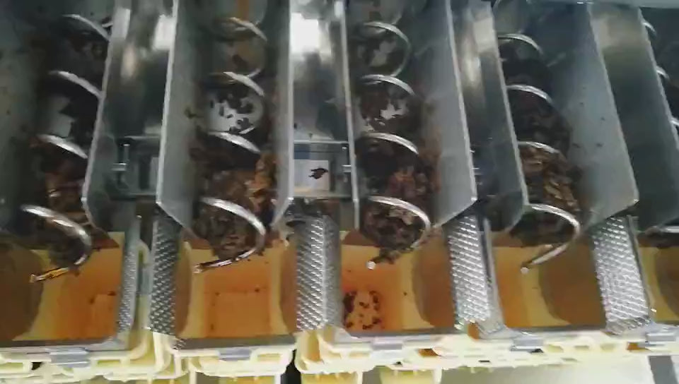  Demonstrates the Keypack Intelligent pickle combination weigher (KB-A14) in continuous operation, conveying oily and sticky pickled vegetables through the dual-layer screw feeder at up to 50 packs per minute. Highlights anti-blocking high-speed discharge, scraper-type double-door hopper, and X(0.5) weighing accuracy. Suitable for pre-made food packaging lines handling pickled mustard greens, preserved radish, and marinated vegetable products.