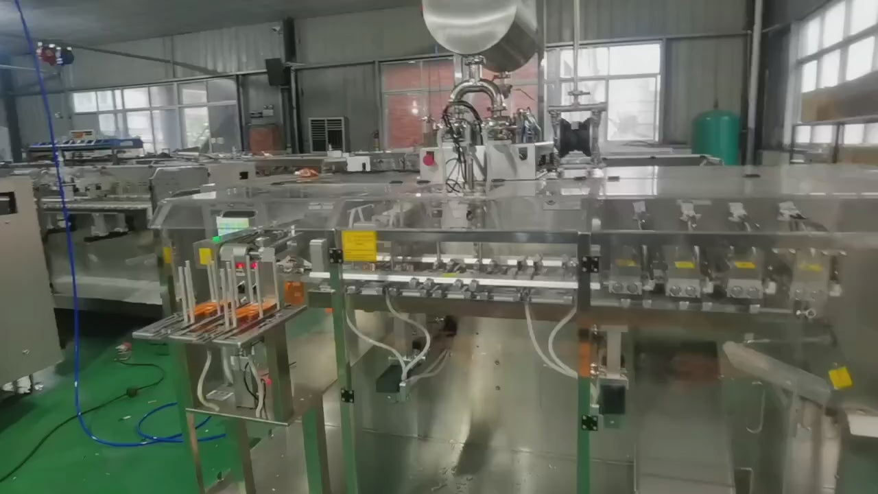 Application showcase of premade pouch packing machine packaging various materials: free-flowing granules (coffee beans, nuts), fine powders (protein powder, flour), viscous liquids (sauces), and solid products (cookies, frozen dumplings). Demonstrates versatility for food packaging machine, chemical packaging equipment, pharmaceutical pouch packager, and agricultural packaging solutions with 1.2Kw power consumption and 0.8Mpa compressed air requirement.