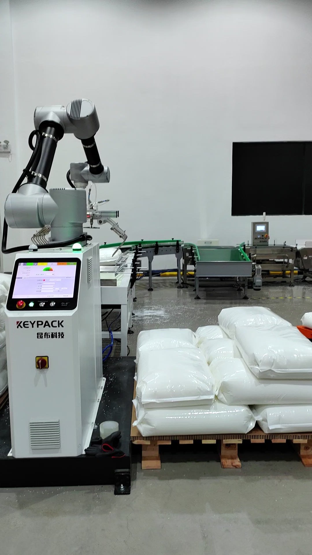 Automatic palletizer robotic arm stacking flour and grain bags with touchscreen control for food industry end-of-line bag palletizing automation