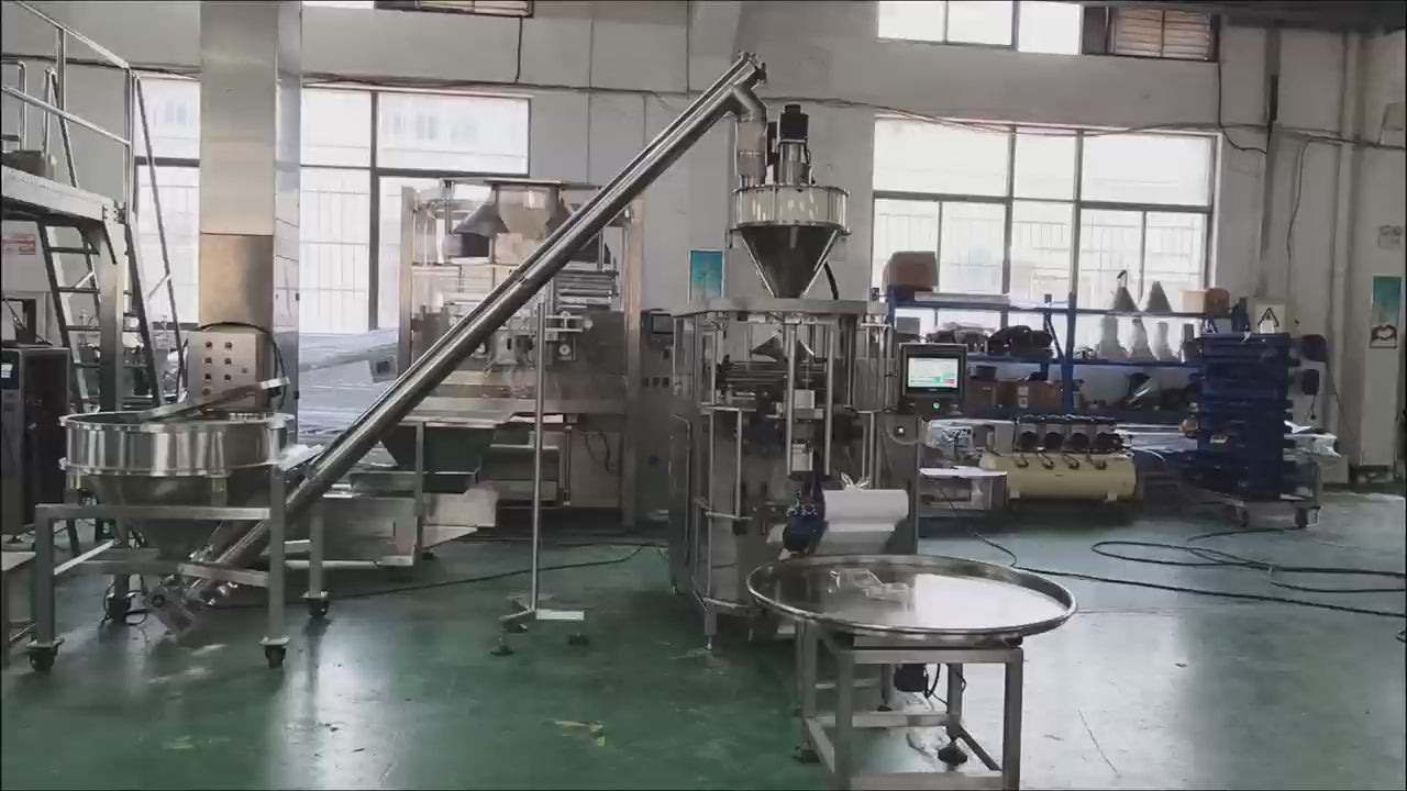  KL-G420 high-speed VFFS powder packaging machine demonstration showing automated bag forming, filling, sealing, and counting process at 100-150 bags per minute. Features 5-axis servo control and Japanese ORION vacuum pump technology. Suitable for packaging milk powder, starch, seasoning powder, pharmaceutical powder, and chemical powder in food, pharmaceutical, and chemical industries. Supports back seal and gusseted back seal bag formats with bag size range of 80-300mm length and 80-200mm width.