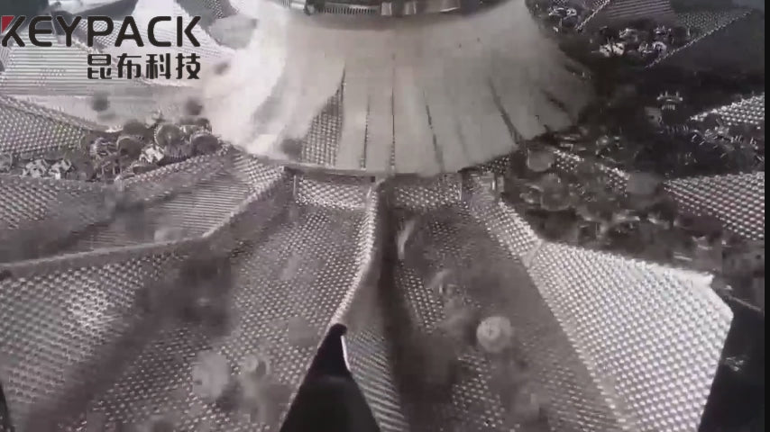 Demonstration of the Keypack Intelligent KB hardware  multihead combination weigher running at up to 120 PPM, automatically weighing and discharging screws, bolts, and mixed fasteners into a VFFS packaging machine. Showcases linear feeder amplitude adjustment, 7" touch screen operation, and timing hopper synchronization for seamless hardware packaging line integration.