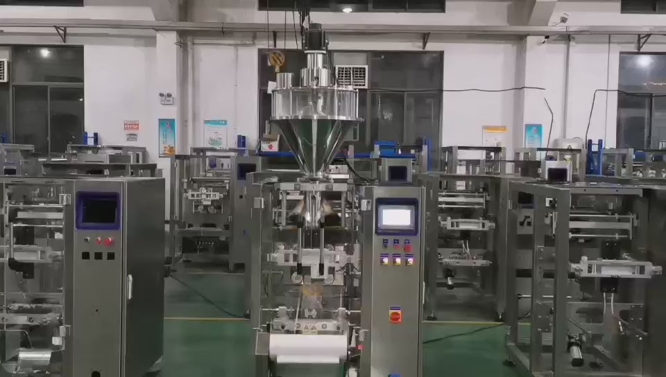 KL420 Vertical Form-Fill-Seal Packaging Machine full-line operation demo — automated back-seal bag forming, metering, filling, and sealing at 35–80 bags/min with PLC servo control. Medium bag powder, toothed, insert foot back sealed bag, KL420 vertical machine.
