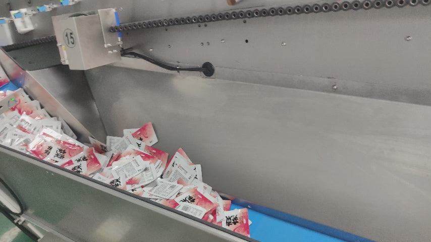 Unordered sorting machine with 14-channel servo roller alignment and photoelectric sensor control for premade pouch sequencing at 140-150 packs per minute in food packaging