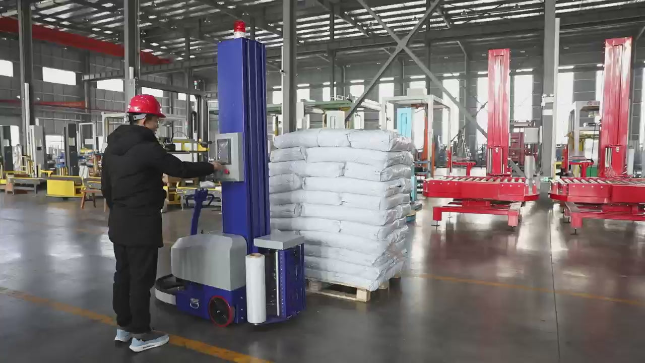 Demonstration of automatic wrapping machine featuring self-propelled operation with 250% pre-stretch film carriage for efficient pallet wrapping. Photoelectric sensor automatically detects cargo height for precise wrapping coverage. Safety guard design provides auto-stop protection when obstacles are detected. Wrapping parameters including layers, speed, and film tension are fully adjustable. Top and bottom wrapping cycles can be independently controlled from 1-9 layers. Frequency-controlled power pre-stret
