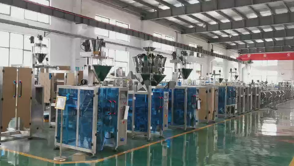 KL320 volumetric cup filler demonstration showing automatic bag forming, powder filling, and sealing process. Features back seal, triangle bag, and gusset formats at 40-100 bags/min. Suitable for food, pharmaceutical, and chemical powder packaging applications.